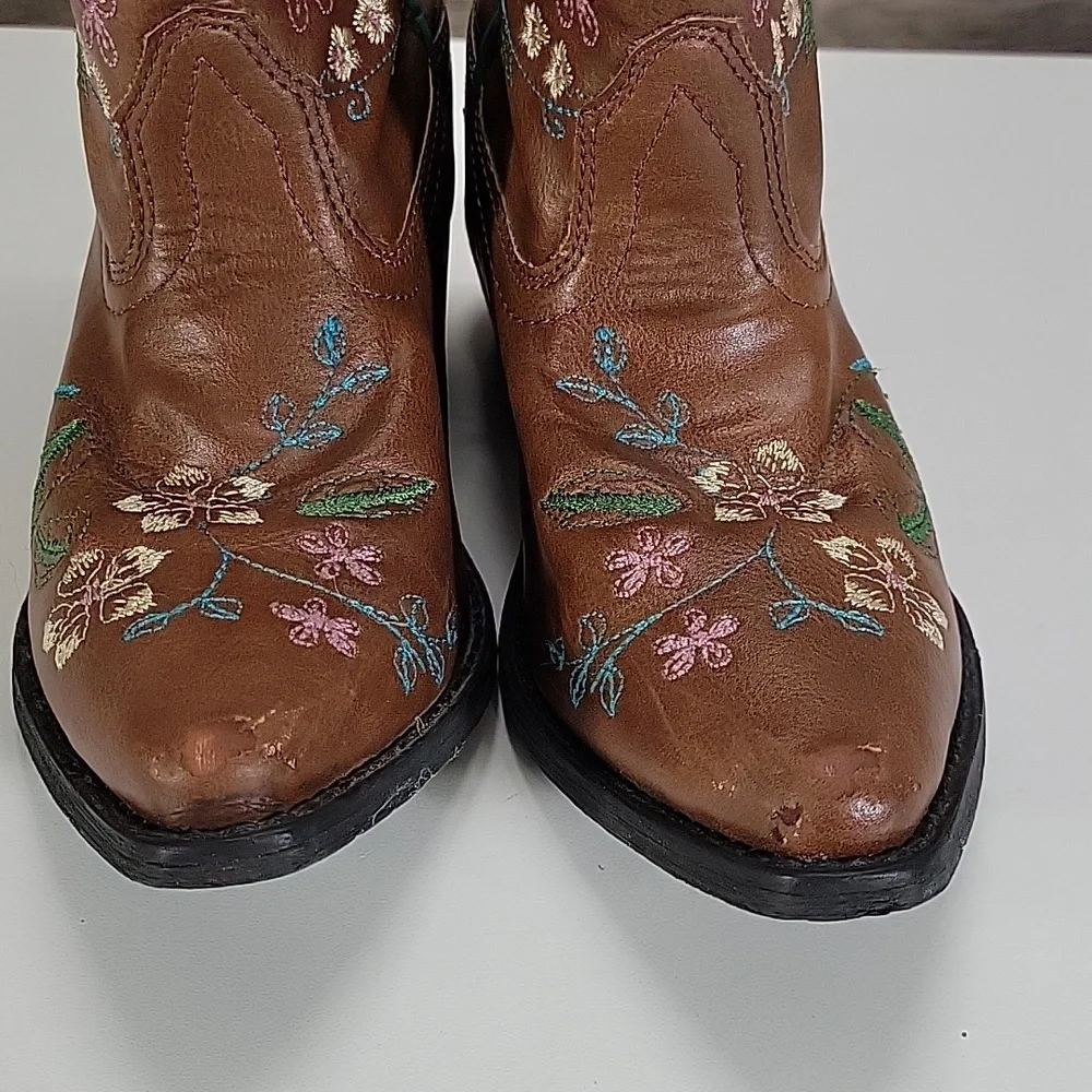 Girls Shyanne Brown Embroidered Floral Leather Western Boots Sz 3